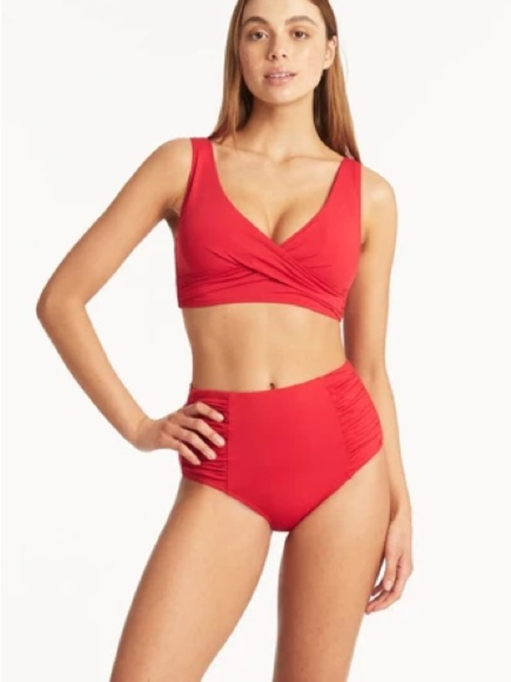 aerie Red V-Neck Wrap Bikini Top with High-Waist Ruched Bottom